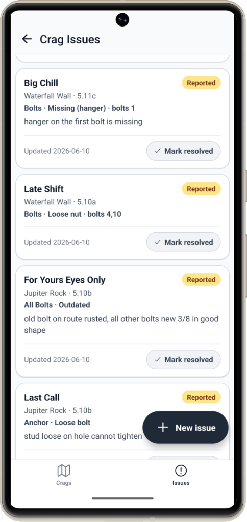 Crag Issues list showing reported bolt and anchor hazards with Mark resolved buttons